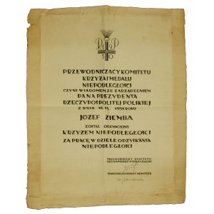 Dyplom nadania Krzyża Niepodległości dla chorążego 21 Pułku Piechoty, 1931 r. (239)