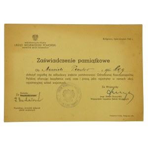 Zaświadczenie Pamiątkowe, Akcja Rejestracyjna Szkód Wojennych, Bydgoszcz 1945 r. (286)