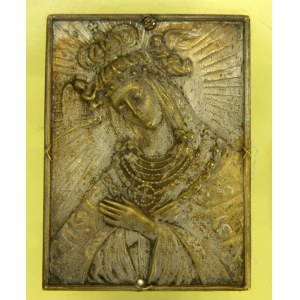 Plakieta pamiątka koronacji obrazu Matki Boskiej Ostrobramskiej na podstawie z onyksu, Wilno 1927 r.(10)