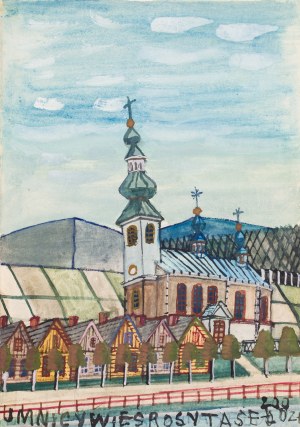 Nikifor Krynicki (1895 Krynica - 1968 Folusz), Widok miejski z kościołem, lata 60. XX w.