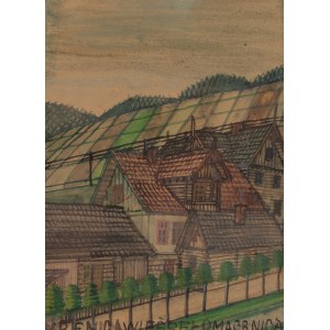 Nikifor Krynicki (1895 Krynica - 1968 Folusz), Pejzaż z drewnianą architekturą, lata 40. XX w.