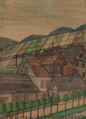 Nikifor Krynicki (1895 Krynica - 1968 Folusz), Pejzaż z drewnianą architekturą, lata 40. XX w.