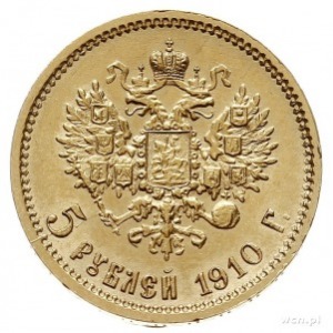 5 rubli 1910 ЭБ, Petersburg, złoto 4.29 g, Bitkin 36 (R...