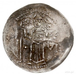 denar 1173-1185/90, Aw: Biskup stojący na wprost z krzy...