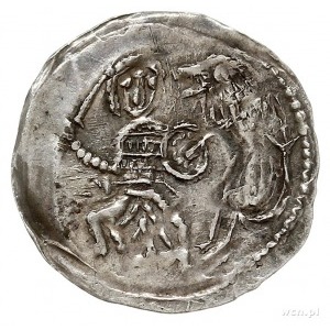 denar 1173-1185/90, Aw: Biskup stojący na wprost z krzy...