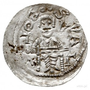 denar 1146-1157, Aw: Książę z mieczem trzymanym poziomo...