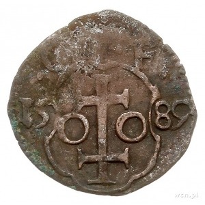 denar 1589, Wschowa, Aw: Orzeł, Rw: Herb Wschowy i data...