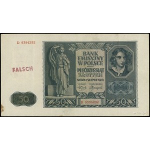 50 złotych 1.08.1941, seria D, numeracja 9394292, po ob...