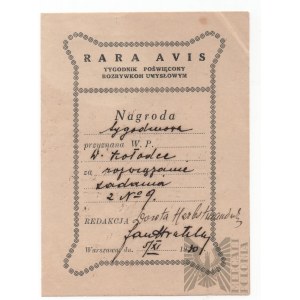 II RP - Nagroda z tygodnika Rara Avis, Warszawa dnia 5 XI 1930&nbsp;