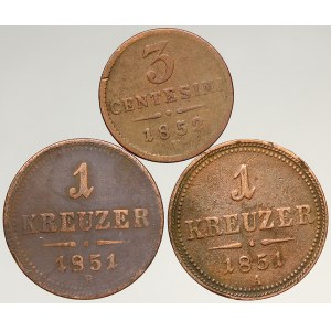 Konvenční měna, 1 krejcar 1851 A, B, 3 centesimi 1852 V