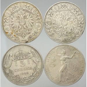 Konvoluty, Konvolut 4 ks 5 korun (1900 bz, 1900 KB, 1908 korunovace, 1909 bz)