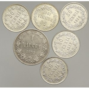 Finsko pod Ruskem, 1 markkaa 1892, 50 penniä 1914, 15, 16, 17 (2x)