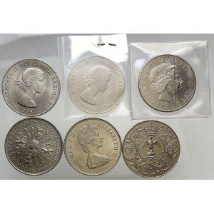 Velká Británie, Alžběta II. (1952-2022). Crown 1965 (2x), 1977, 1980, 1981, 5 libra 1999 Diana