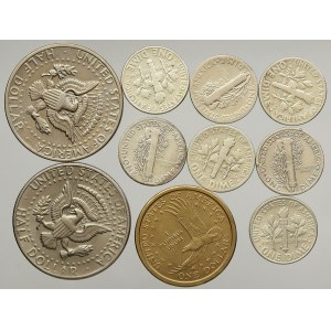 USA, 1 dollar 2000 P, 1/2 dollar 1971 D (2x), dime 1941, 44 (2x), 46 (2x), 64D (2x)