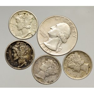 USA, 1/4 dollar 1942, 1 dime 1920, 1924, 1927, 1935