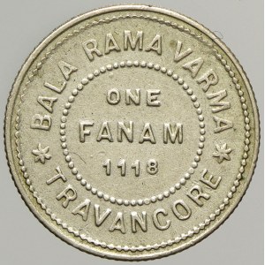 Indie - Trawancore, Bala Rama Varma II. (1924-1949). 1 fanam 1942