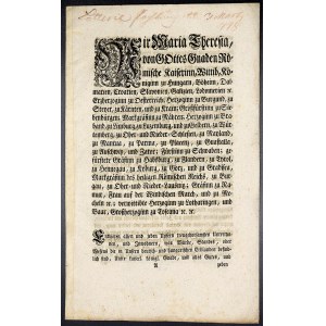 Cirkuláře a patenty, Marie Terezie. Oznámení - Vídeň, vyhlášení Janovské lotinky. 30.12.1777, 7 listů včetně přílohy, německy