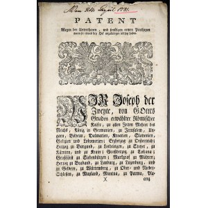 Cirkuláře a patenty, Josef II. Patent - Opava, kvůli vyřizování soudních řízení poddanstva, 24.4.1781. 3 strany, německy