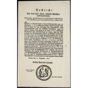 Cirkuláře a patenty, František II./I. Oznámení - Brno, oznámení o vyjednávání s úvěrovou bankou 9.1.1809. 10.12.1808, 1 strana, německy