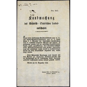 Cirkuláře a patenty, František II./I. Oznámení - Brno, pozastavení proplácení státních dluhopisů a směnek. 28.12.1834, 1 strana, německy