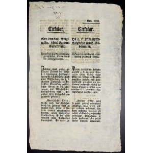 Cirkuláře a patenty, Ferdinand V. Cirkulář - Brno, ohlášení právních ediktů v novinách, 27.1.1836, 2 strany, česko-německy