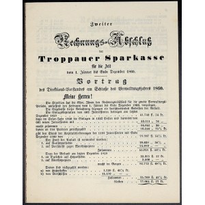 Cirkuláře a patenty, František Josef I. Roční uzávěrka opavské spořitelny za rok 1860. Německy