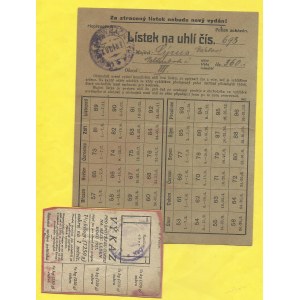 Potravinové lístky, Výkaz spotřeby cukru leden 1921, Lístek na uhlí b.d., razítko Kolín