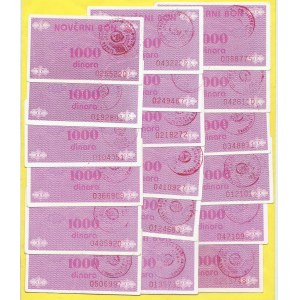 Bosna a Hercegovina, Travnik. 1000 dinar b.d. (1992). Různá razítka. Barac-B122, 127, 131