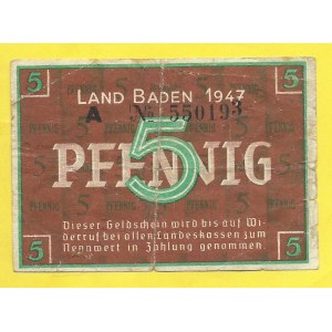 Německo, Baden. 5 pfennig 1947. Ros.-208a