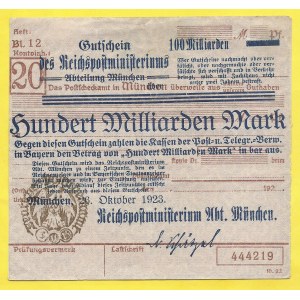 Německo - pošty, Műnchen. 100.000.000.000 marek 1923. Grab.-508.2b