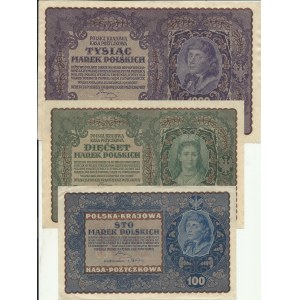 Polsko, 100, 500, 1000 marek 1919, s. 1E 27bM, 1 BZ, 1 B. Milcz-27b, 28a, 29a