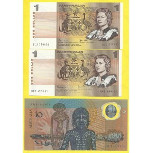Austrálie, 1 dollar (1986) (2x), 10 dollar 1988. Pick-42d, 49b