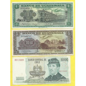 Guatemala, 1/2, 1 Quetzal 1968, 71. Pick-51e, 52h. Chile. 1000 pesos 1995. Pick-154f