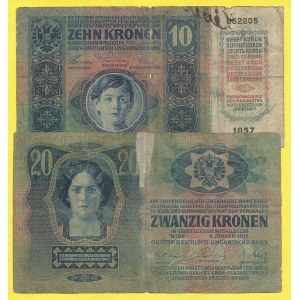 Soubory bankovek, 10 K 1915/19, s. 1057. H-1a, 20 K 1913/19, s. 2301. H-2a