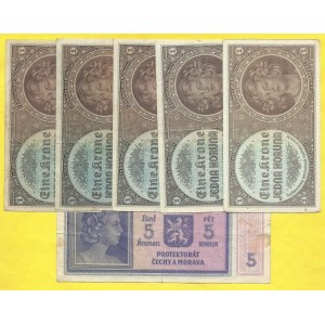 Soubory bankovek, 1 K (1940), s. A022, C040, C059, C078, H036, 5 K (1940) s. B040. H-30a, b, 31a