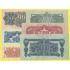Soubory bankovek, 1, 5, 20, 100, 500, 1000 K 1944, s. BT, XA, AB, OO, XA, AA, CK.