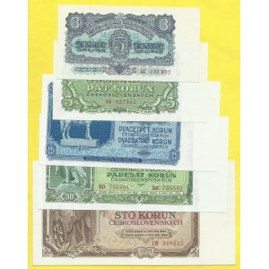 Soubory bankovek, 3, 5, 25, 50, 100 Kčs 1953, s. AC, AK, BE, BD, CH. H-90a1, 91a1S1, 93a1, 94a1, 95a1S1