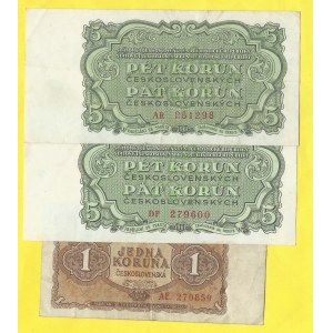 Soubory bankovek, 5 Kčs 1961, s. AR, DP, 1 Kčs 1953, s. AE. H-99a1, 89a1
