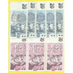 Soubory bankovek, 50 Kč 1994/97, s. B06, D43, E17, 20 kč 1994, s. A54, 63, B24, 53, 66. H-CZ13a, 14a, 15a, 21a