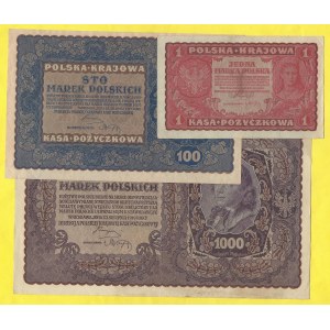 Soubory zahraničních bankovek, Polsko. 1, 100, 1000 Marek 1919, I Serja BV, 1F Serja F, I serja M. Milcz-23b, 27c, 29a