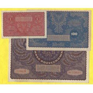 Soubory zahraničních bankovek, Polsko. 1, 100, 1000 Marek 1919, I Serja BV, 1F Serja F, I serja M. Milcz-23b, 27c, 29a