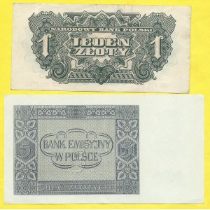 Soubory zahraničních bankovek, Polsko. 1 zloty 1944, 5 zlotych 1941, s. BH,AF. Milcz-99a, 105a