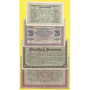 Soubory zahraničních bankovek, Rakousko - nouzové. Vídeň. 5, 20, 50, 100 K 1918. 100 K natržená 15mm