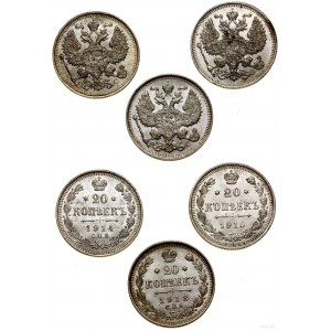 Russia, set: 3 x 20 kopecks, 1913, 1914, 1915, St. Petersburg