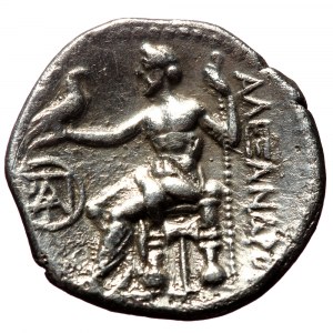 Kingdom of Macedon, Demetrios I Poliorketes AR Drachm (Silver, 4,07g, 19mm) In the name and types of Alexander III. Mil