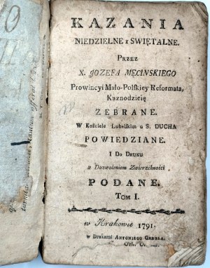Męciński Józef - Sermons for Sundays and Holy Days - Kraków 1791 [First Printing].