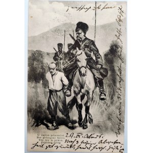 Postcard - Cavalryman leading a prisoner - stamp Niepołomice [1904].