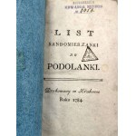 List Sandomierzanki do Podolanki - Drukowany w Krakowie roku 1784 [ Z księgozbioru Edwarda Nepros] [ Pierwodruk]