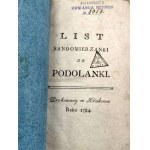 List sandomierskej ženy Podolanke - vytlačený v Krakove v roku 1784 [ Z knižnej zbierky Edwarda Nepros] [ Prvé vydanie].