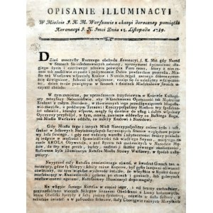 Warsaw leaflet printing - Description of Illuminacy in the city of J.K.M. Warsaw on the occasion of the anniversary of the coronation of Stanislaw August Poniatowski 1789